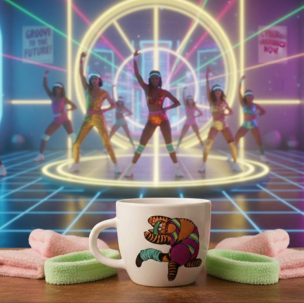 Retro Aerobic Cat Mug 17oz Funny Workout Gift
